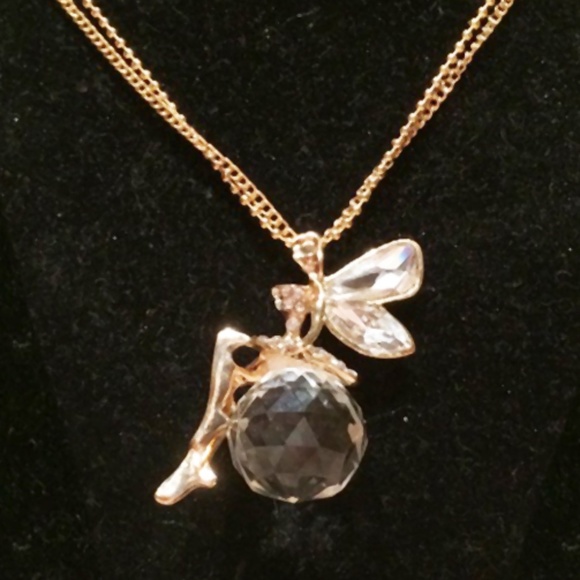 Gold Color Fairy Angel On Crystal Ball/Globe Wing Pendant Necklace - NWT - Picture 3 of 6